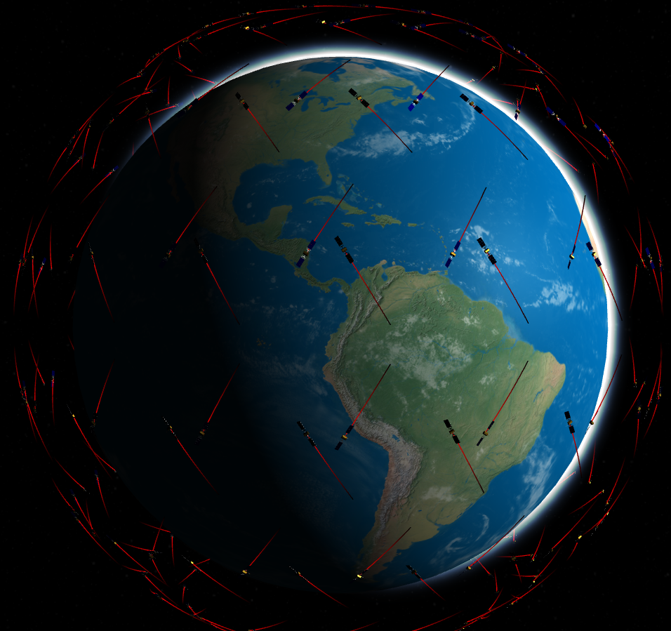 Satellites orbiting in a Walker constellation around Earth - Each communication link between any of those satellites and any ground station is individually simulated